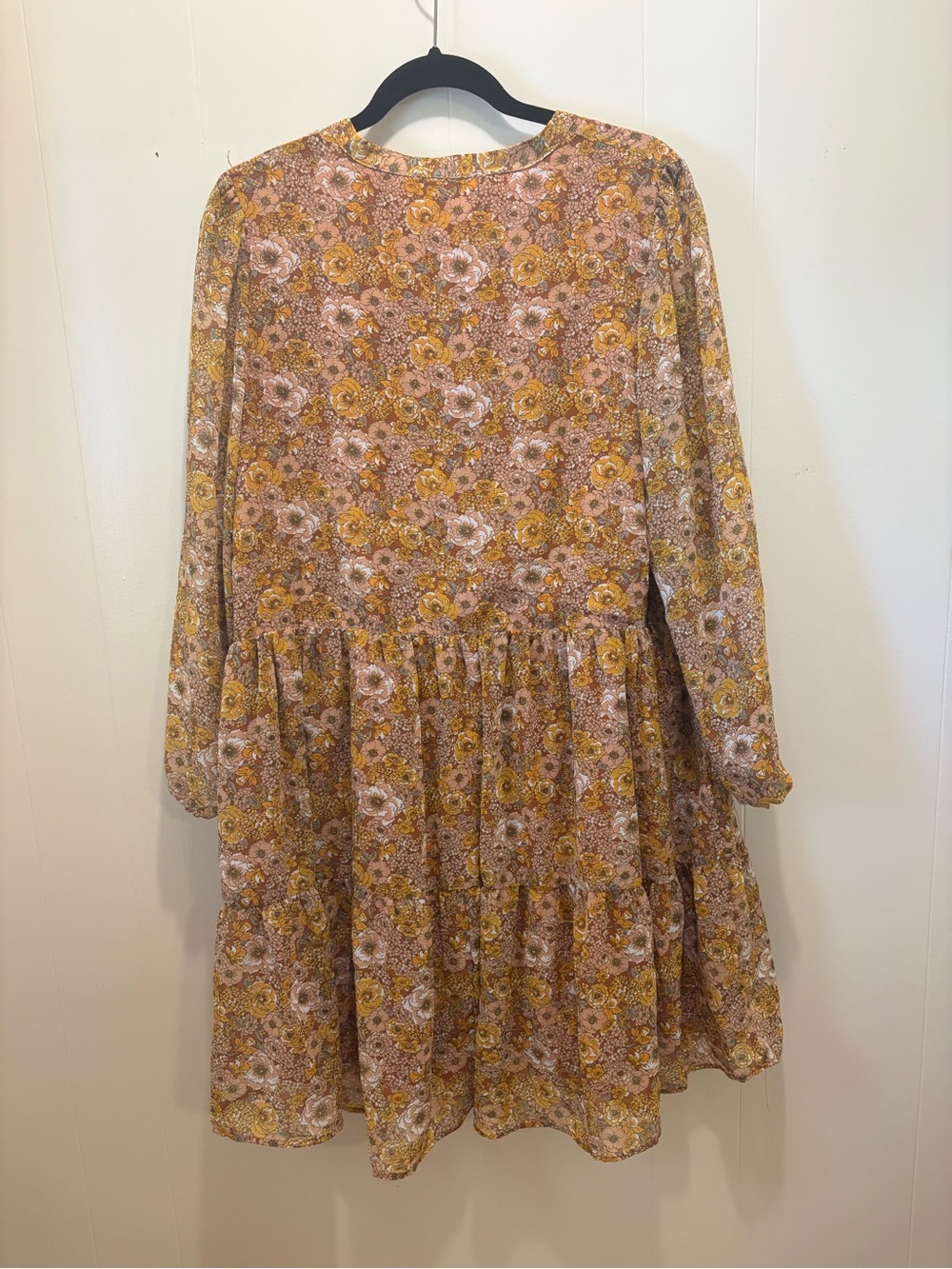 Indigo Soul Mustard Floral Tiered Long Sleeve Boho Mini Dress XL NWT - Picture 7 of 10
